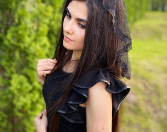 Mantilla con brillos y encaje para velo redondo de capilla en blanco y negro, para misa, para cubrir la cabeza en la iglesia, velo católico redondo, gorro de encaje para capilla
