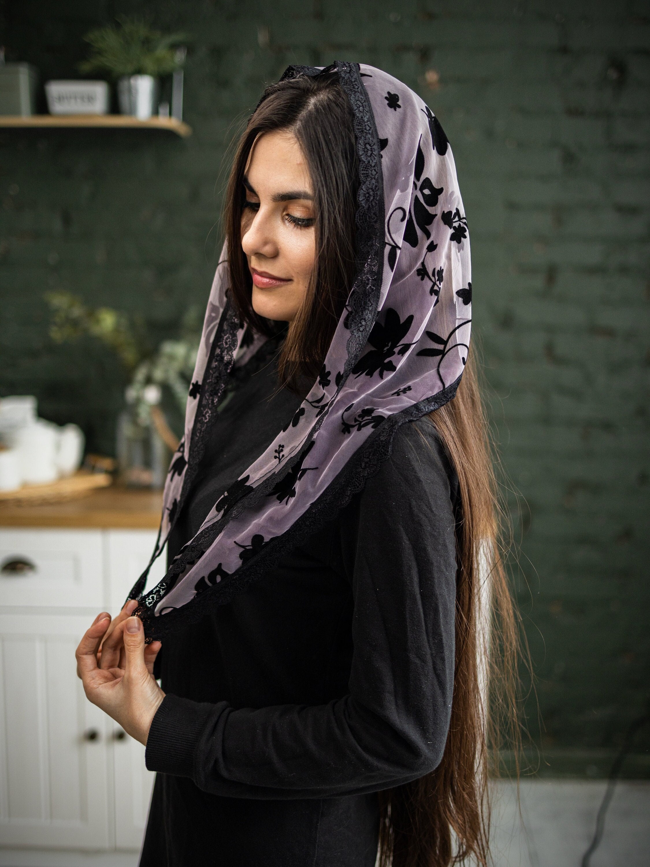 Velvet Black floral decoration Mantilla with lace around Church Scarf head covering Catholic Church or Chapel mantilla wrap More colors