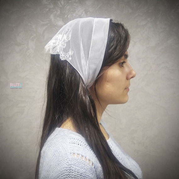 Embroidered semi-scarf Soft stretch tulle Church head covering RUTT Orthodox head wrap Little Chapel mantilla veil with gorgeous embroidery