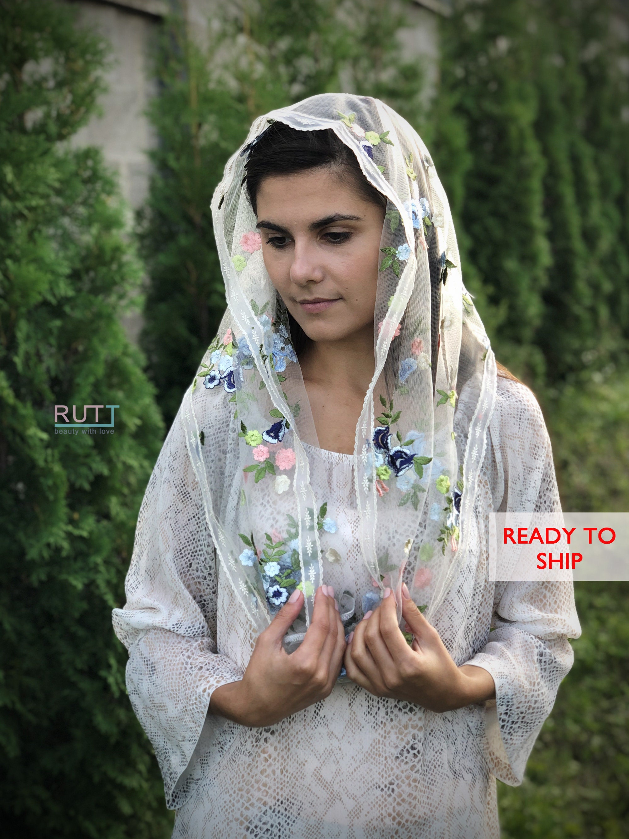 Floral Embroidered Lace Infinity Church Veil Orthodox Veils Etsy