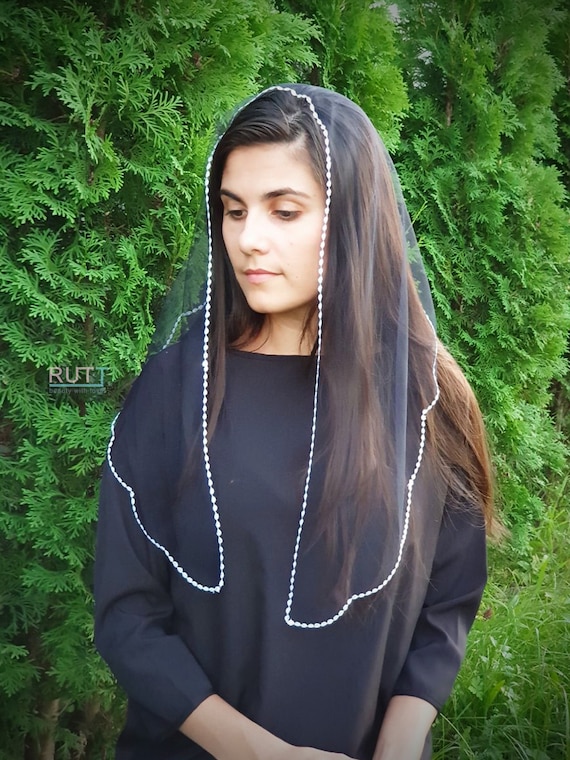 Head Covering Embroidered Around Orthodox Black Tulle Scarf With