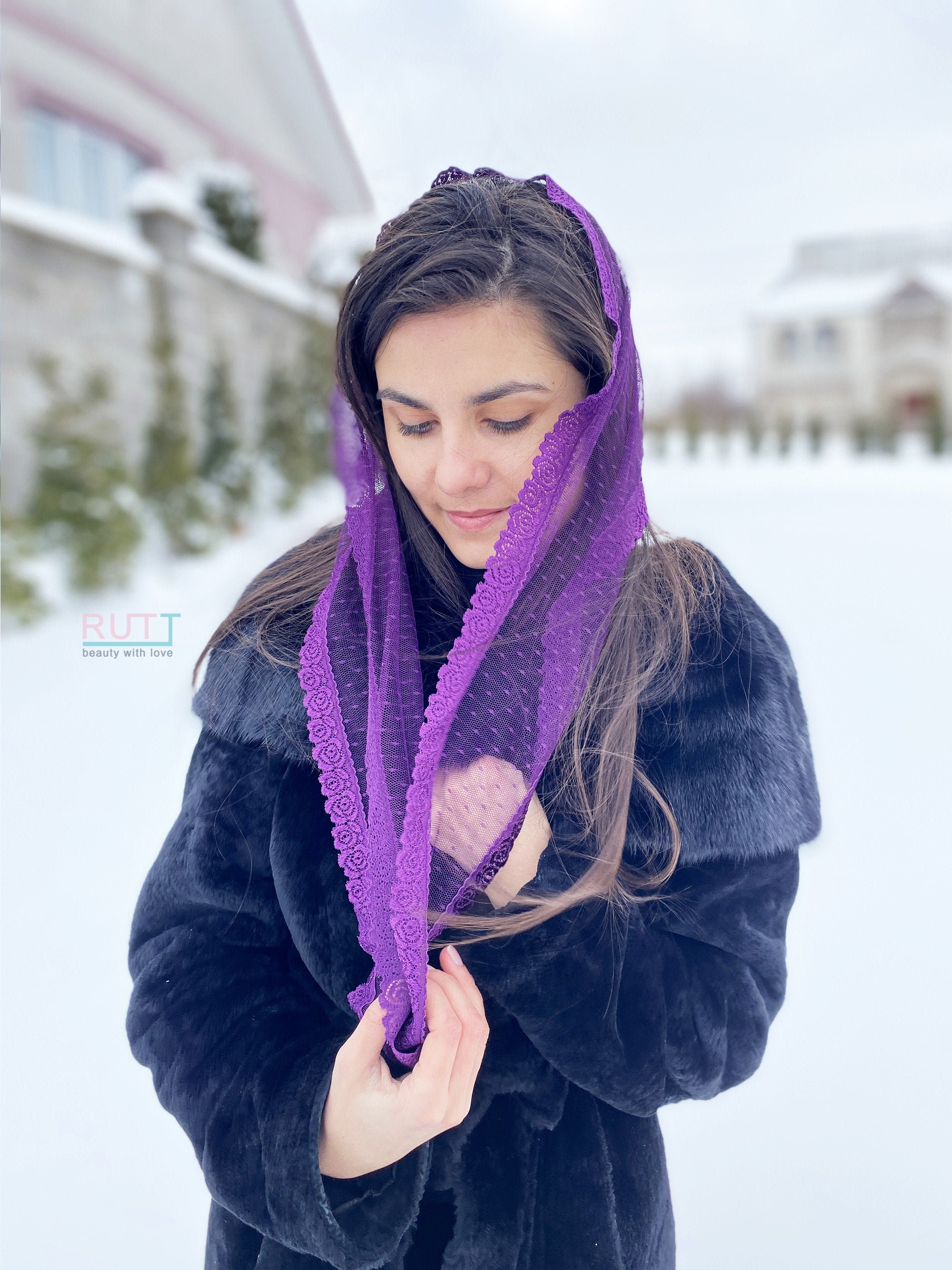 Purple for Lent Shawl Polka Dot Tulle With Lace Church Head