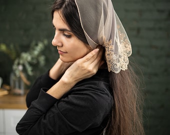 Embroidered Church Head wrap with rhinestones Women head covering Orthodox veils Catholic veil Church mantilla for women
