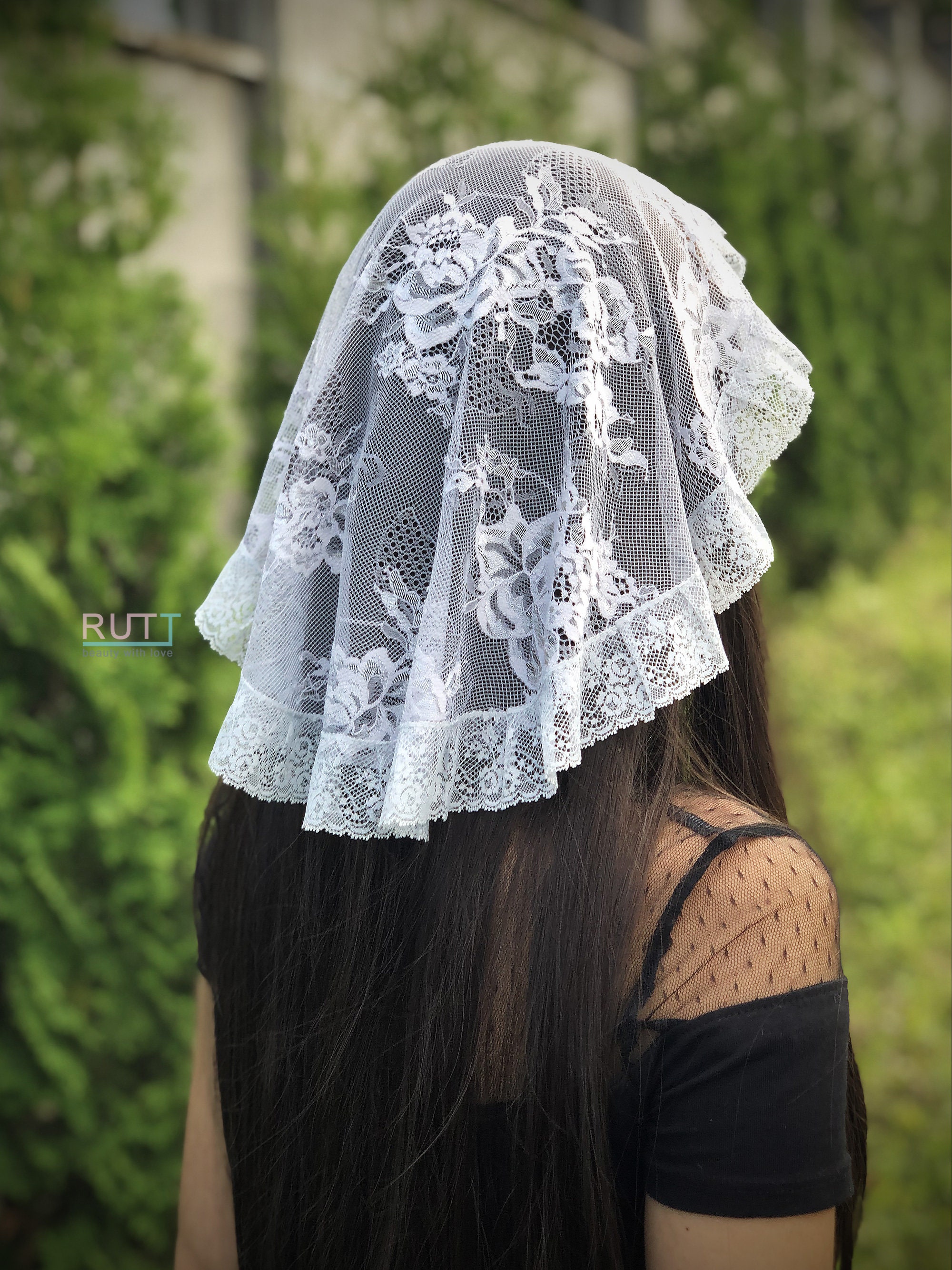 Velo Da Sposa Mantiglia In Pizzo Avorio – Copricapo Cattolico Ricamato – Fiore Donna – Unbranded