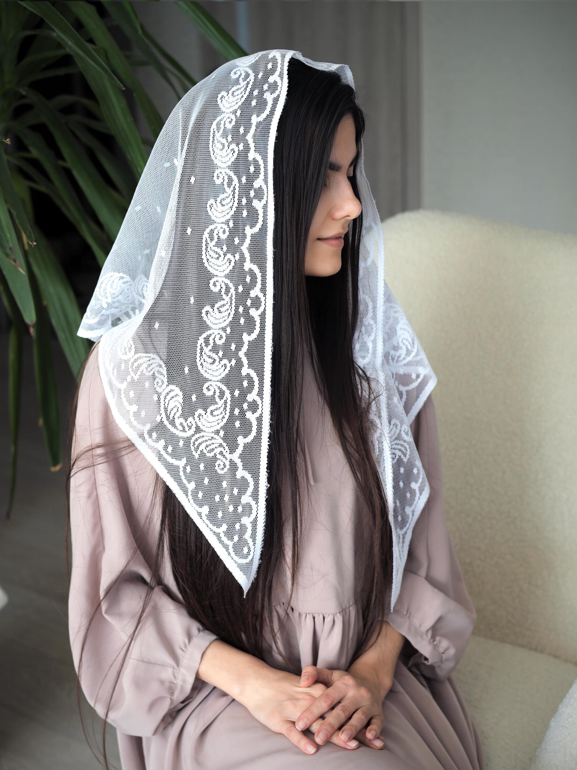 Large Triangular Lace Church Scarf With Pattern and Dots Black or
