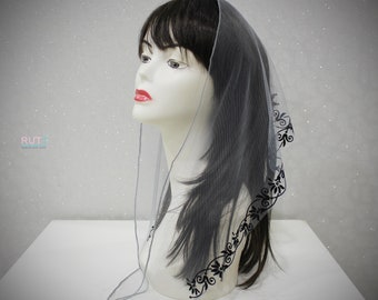 White with black embroidery head covering Orthodox veil Catholic Head wrap RUTTSHOP  Chapel veil mantilla scarf Shawl