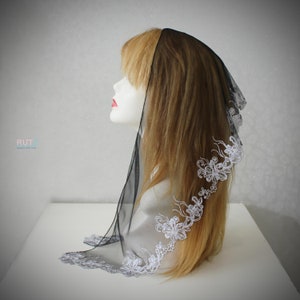 Black Church Scarf with white embroidery. Women head covering Orthodox head wrap veils Catholic veil Church or Chapel veil mantilla scarf