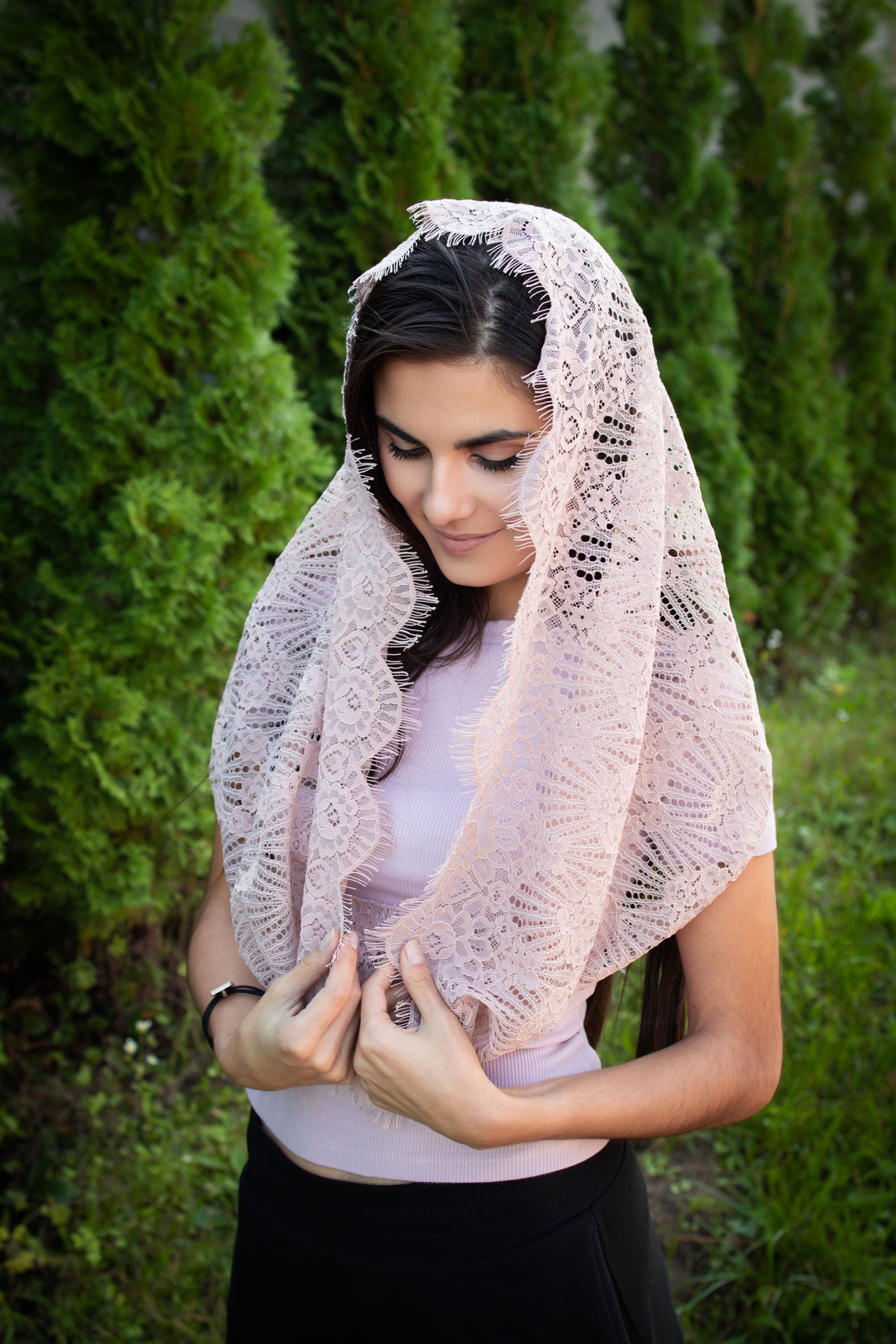 Blush Pink lace Infinity Church mantilla head covering shawl Catholic veil Church or Chapel veil mantilla Head women wrap for mass