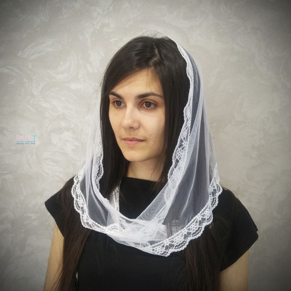 White soft Church mantilla Scarf head covering Orthodox shawl with white  tulle Catholic veil Church or Chapel veil mantilla scarf