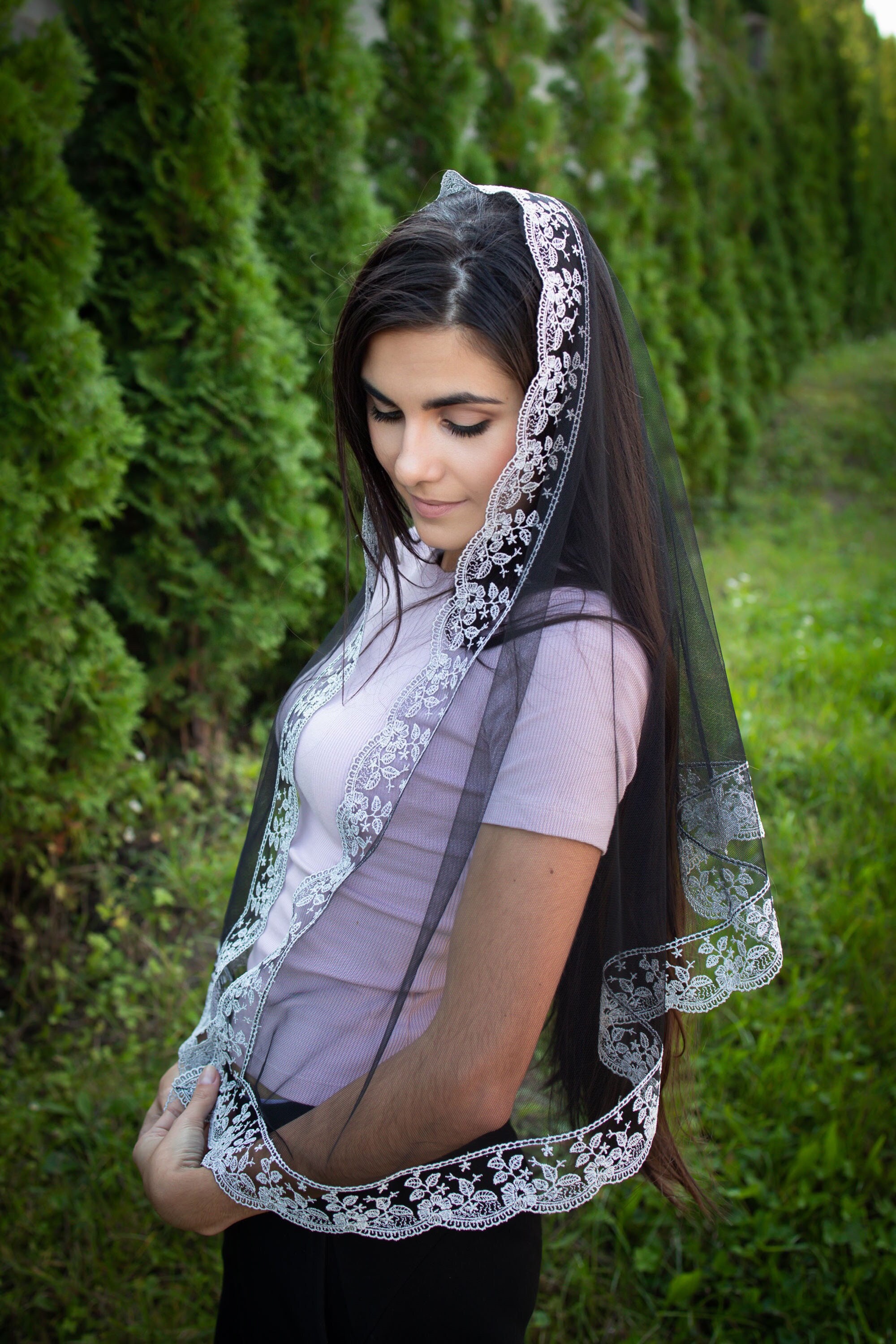 Black Church Mantilla With Silver Lace Head Covering RUTTSHOP