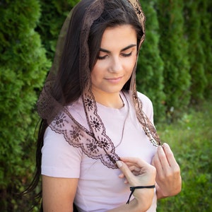 Brown Triangle Scarf with lace Church head covering Orthodox veils Catholic veil Church or Chapel veil mantilla scarf image 2