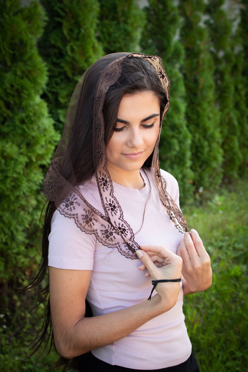 Brown Triangle Scarf with lace Church head covering Orthodox veils Catholic veil Church or Chapel veil mantilla scarf image 2