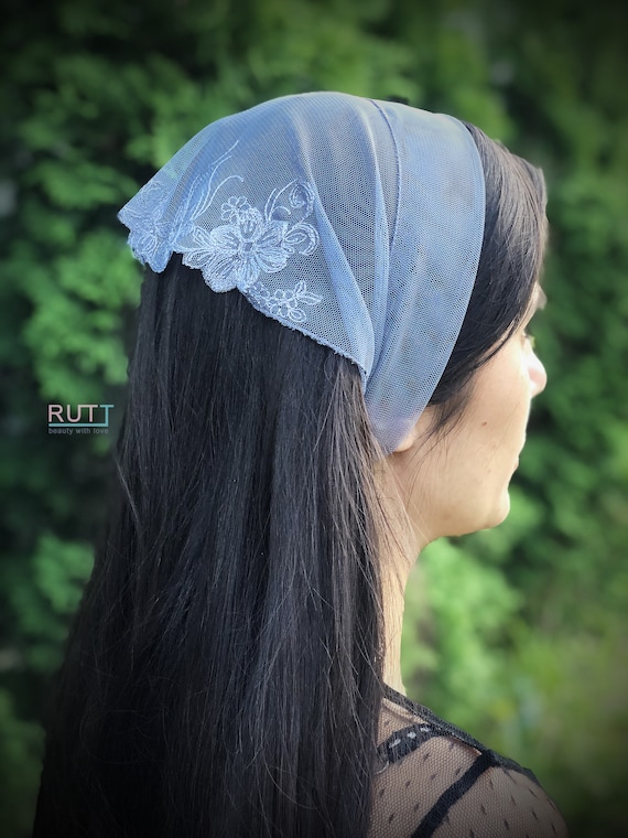 Grey Stretch tulle Headband Kerchief Church headwrap Embroidered chapel little mantilla any color RUTTSHOP