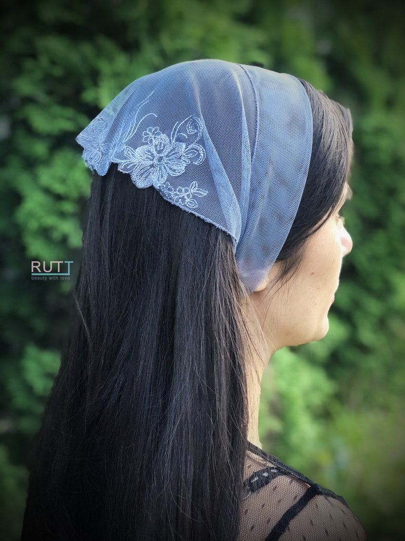 Grey Stretch tulle Headband Kerchief Church headwrap Embroidered chapel little mantilla any color RUTTSHOP image 1