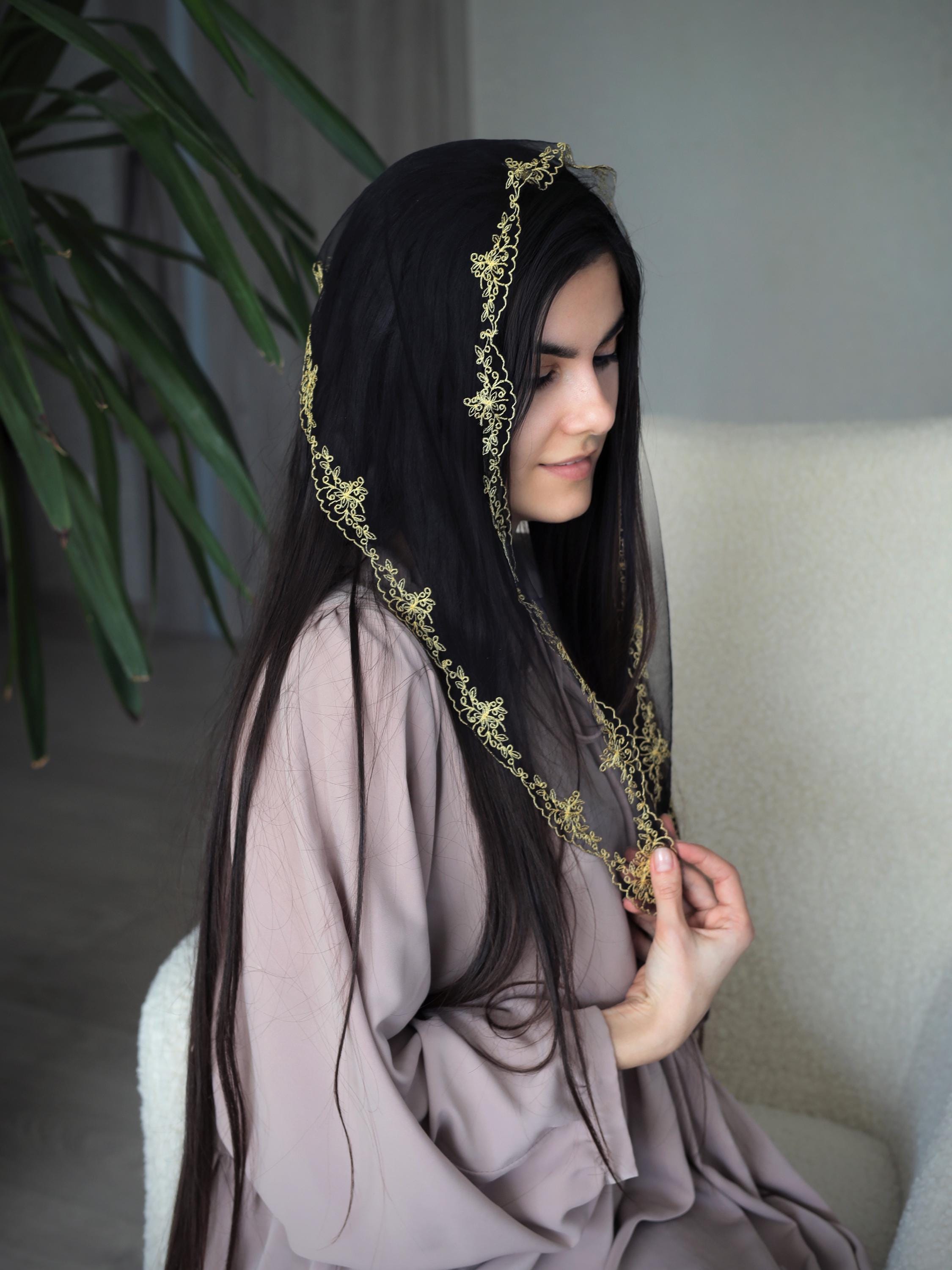 Black Embroidered Church Scarf Women Head Covering Orthodox Head