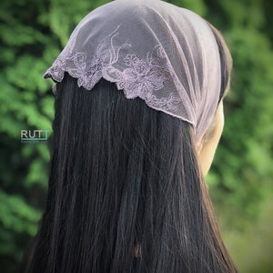 Grey Stretch tulle Headband Kerchief Church headwrap Embroidered chapel little mantilla any color RUTTSHOP image 5