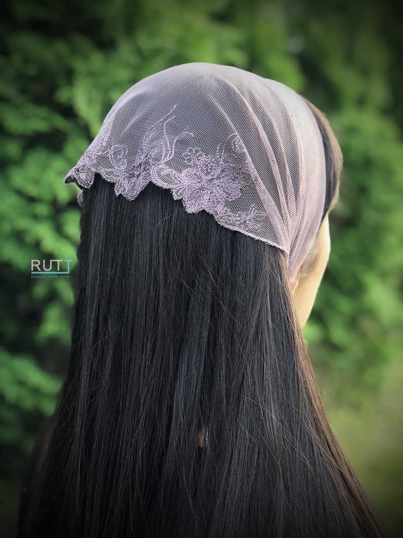 Grey Stretch tulle Headband Kerchief Church headwrap Embroidered chapel little mantilla any color RUTTSHOP image 5