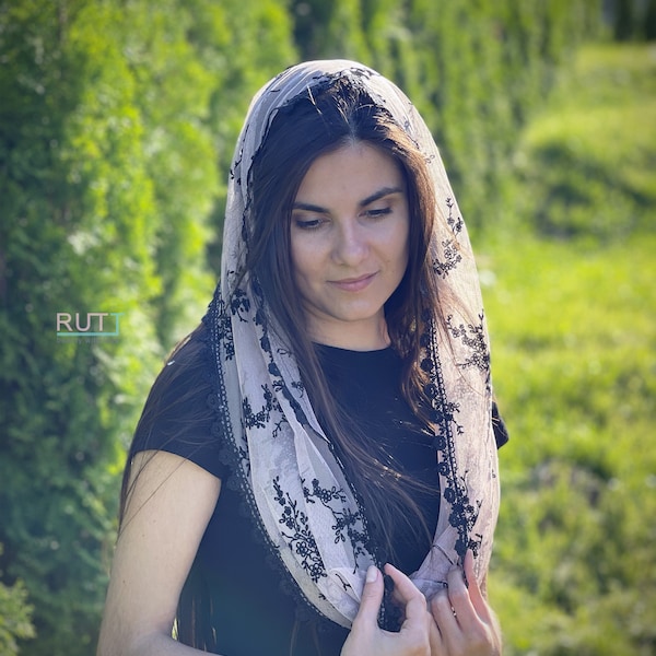 Blush pink / white Infinity head covering Catholic veil with velvet black decoration Church or Chapel veil mantilla scarf Head wrap for mass