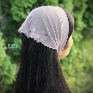 Grey Stretch tulle Headband Kerchief Church headwrap Embroidered chapel little mantilla any color RUTTSHOP image 2