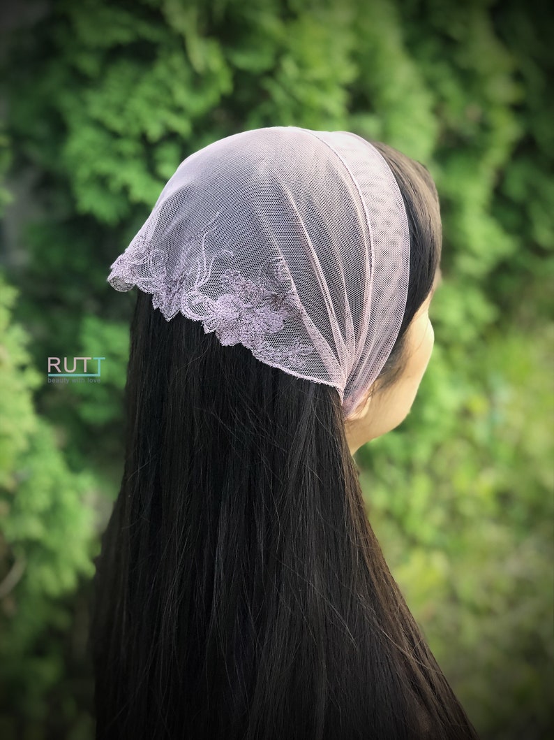 Grey Stretch tulle Headband Kerchief Church headwrap Embroidered chapel little mantilla any color RUTTSHOP image 2