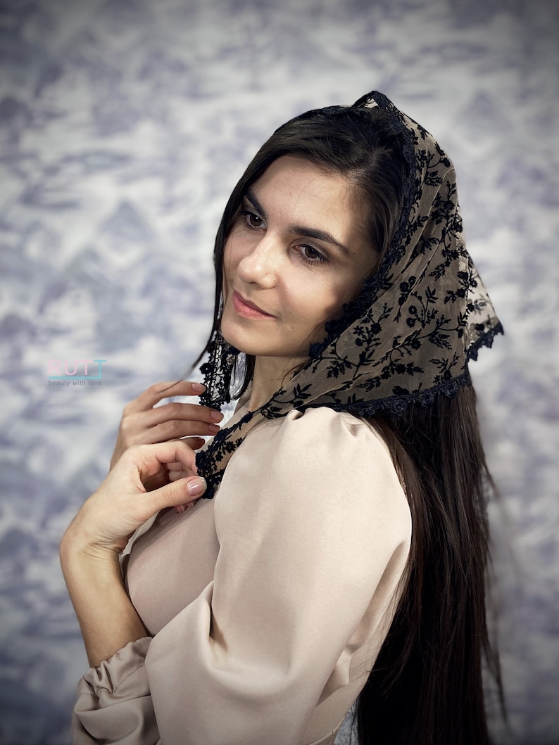 Capuccino black velvet pattern triangle kerchief Head covering Head wrap Orthodox veil Catholic veil Church or Chapel veil mantilla