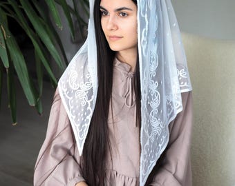 Large Triangular Lace Church Scarf With Pattern and Dots Black or