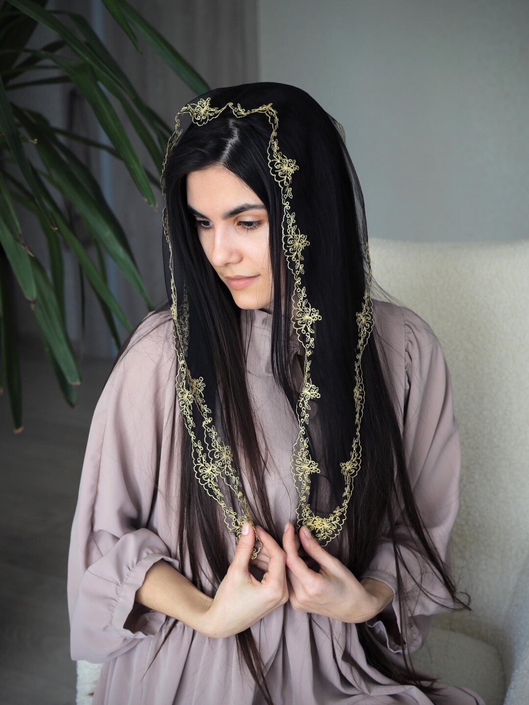 Black Embroidered Church Scarf Women Head Covering Orthodox Head