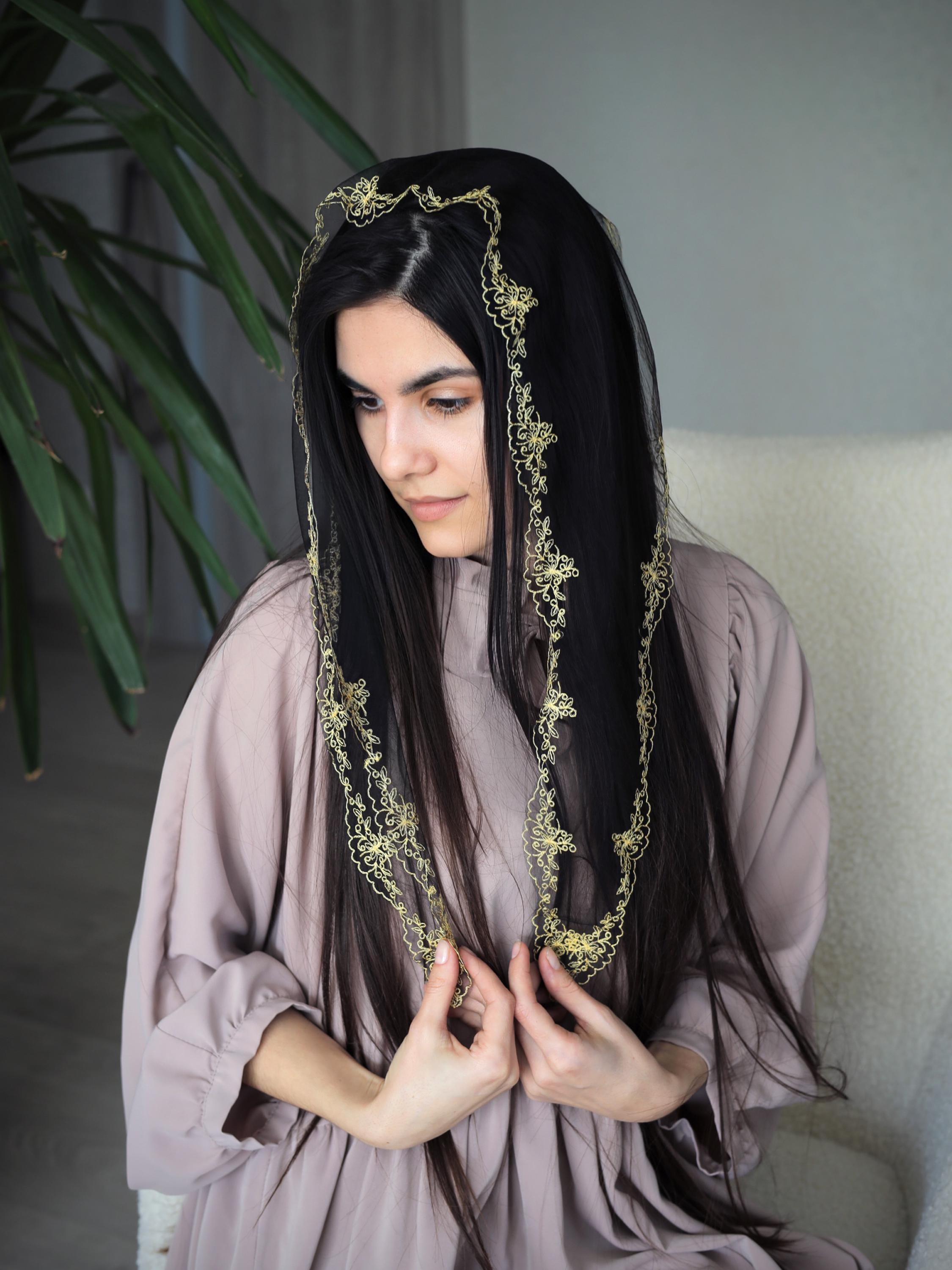 Black Embroidered Church Scarf Women Head Covering Orthodox Head