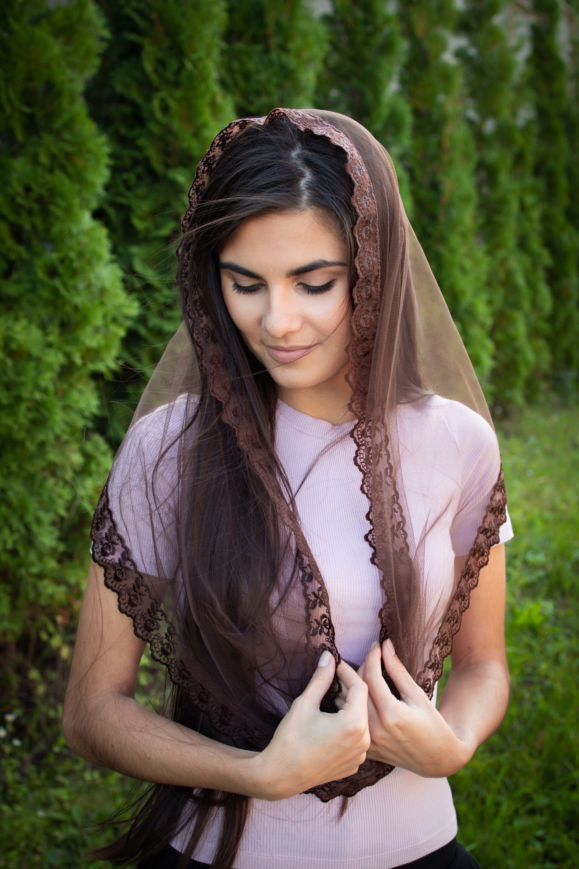 Brown Infinity head covering Catholic veil Church or Chapel veil mantilla scarf Women head wrap for mass