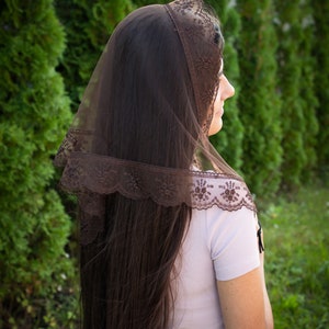 Brown Triangle Scarf with lace Church head covering Orthodox veils Catholic veil Church or Chapel veil mantilla scarf image 3