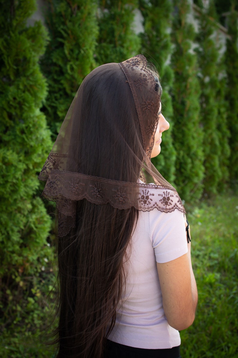 Brown Triangle Scarf with lace Church head covering Orthodox veils Catholic veil Church or Chapel veil mantilla scarf image 3