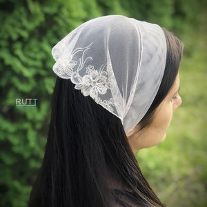 Grey Stretch tulle Headband Kerchief Church headwrap Embroidered chapel little mantilla any color RUTTSHOP image 6