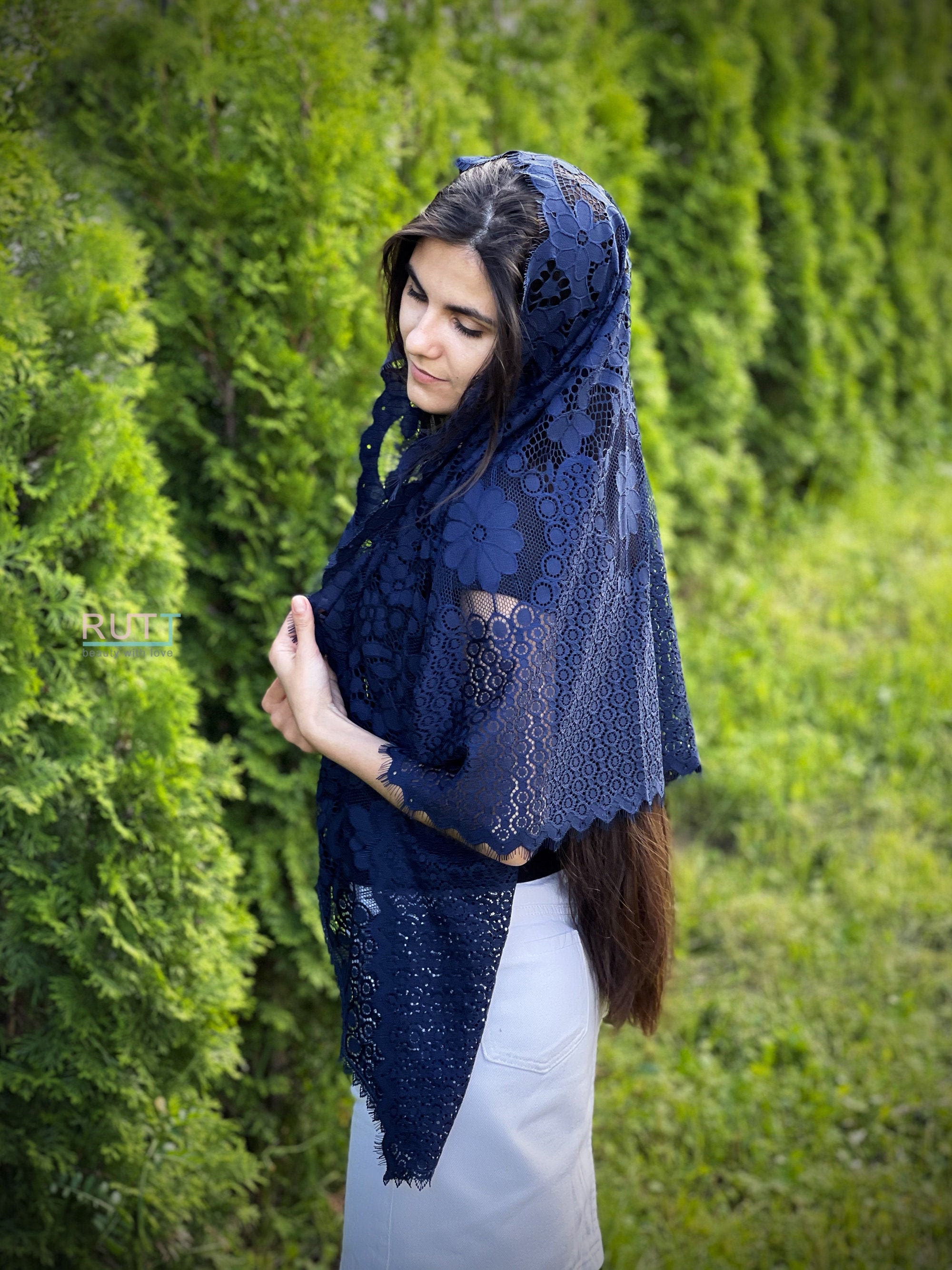 Navy Blue/ Black/ Ivory Spanish Lace Shawl Mantilla Church Scarf