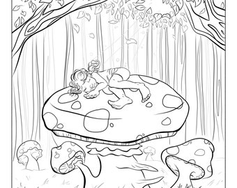Enchanted Forest Mushroom Coloring Page, Full Scene Coloring Page, Coloring Page Illustration
