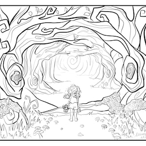 May include: A black and white line drawing of a girl with curly hair walking through a forest. The trees have intricate branches and the girl is carrying a basket. There are mushrooms on the ground.
