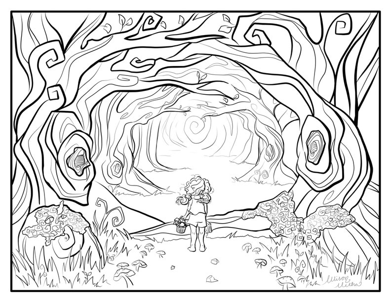 May include: A black and white line drawing of a girl with curly hair walking through a forest. The trees have intricate branches and the girl is carrying a basket. There are mushrooms on the ground.