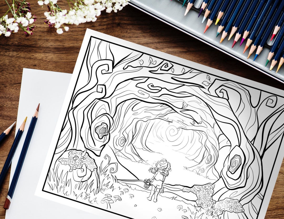 Enchanted Forest Coloring Page 1, Whimsical Coloring Page, Fantasy