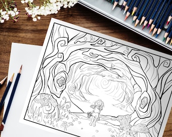Enchanted Forest Coloring Page #1, Whimsical Coloring Page, Fantasy Coloring Page, Coloring Page for Adults, Cottagecore Coloring Pages