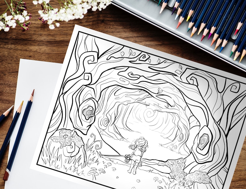 May include: A black and white line drawing of a girl walking through a forest. The trees are tall and have intricate branches. The girl is carrying a basket and has long hair.