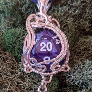 Wire Wrapped D20 Polyhedral Dice Purple Silver Game Pendant