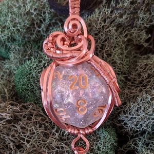 Wire Wrapped D20 Polyhedral Dice White Clear Glitter Copper Game Pendant