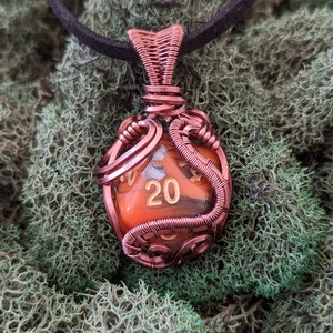 Wire Wrapped D20 Polyhedral Dice Orange grey Antique Copper Game Pendant