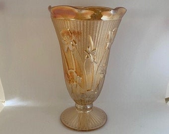 Vintage Jeanette Iris and Herringbone 9" Vase Marigold Carnival Glass