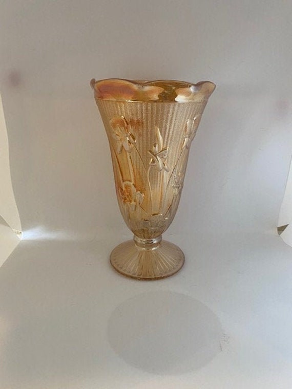 Vintage Jeanette Iris and Herringbone 9" Vase Marigold Carnival Glass