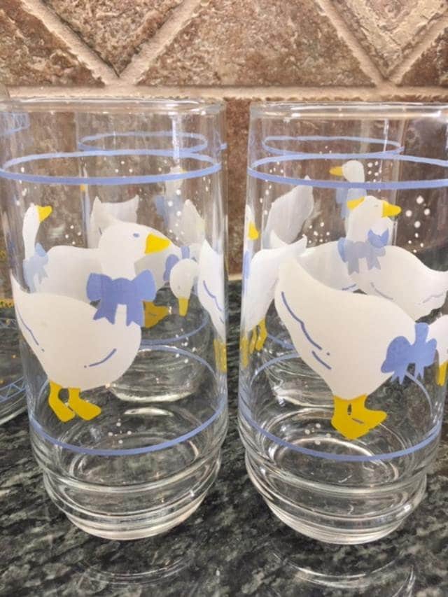 Vintage LIBBEY Frosted Ducks w/ Blue Ribbon Glasses and Cannister