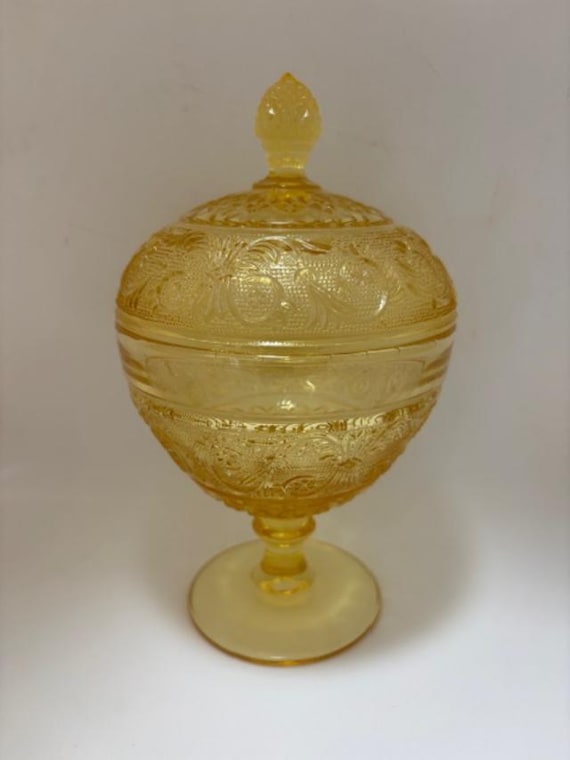 Rare Duncan & Miller Yellow Sandwich Footed Candy Dish and Lid