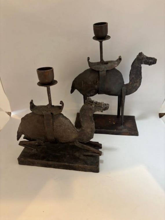 Vintage Set of Two (2) Handcrafted Folk Art Metal Camel Taper Candle Holders