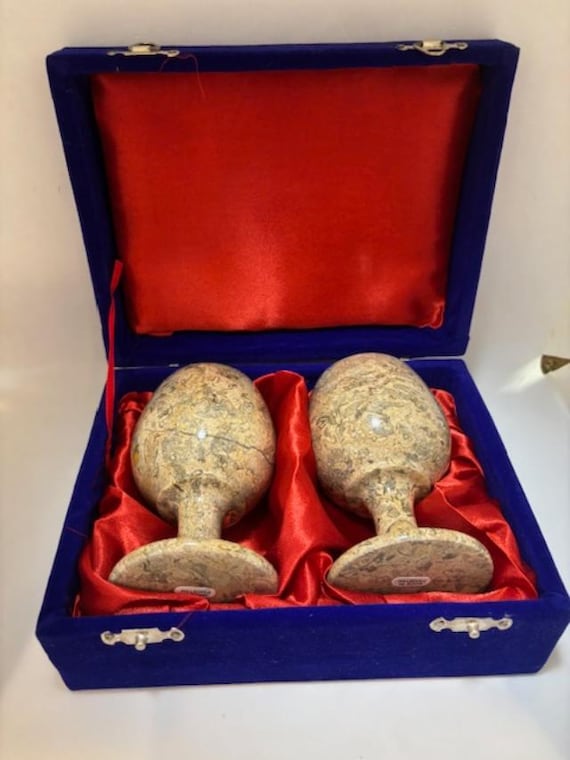 Set of two (2) Pakistan Multi Brown Colors Onyx Goblets IOB Velvet Box
