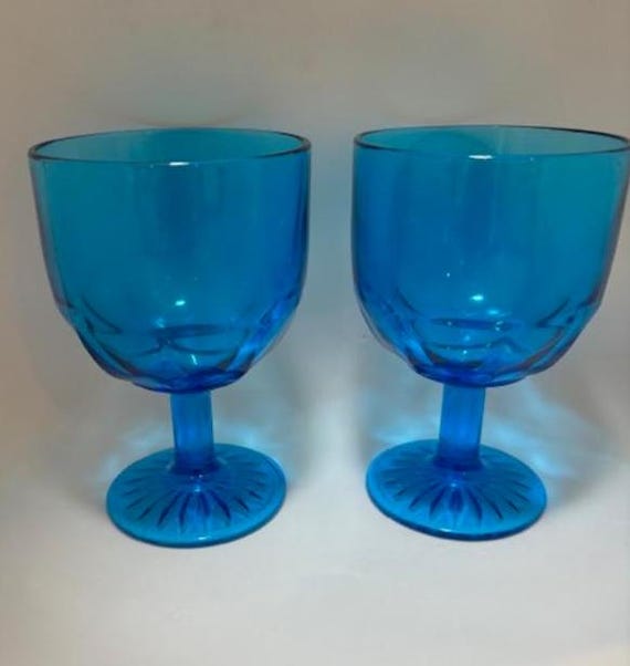 Vintage set Two (2) 1970s Bartlett Collins Blue "Dart" Goblets 16 ounces