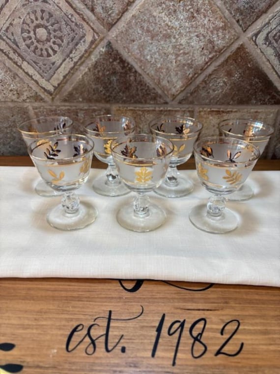 Set of Seven (7) Libbey Frosted Golden Foliage Liquor Cocktail Cordial Glasses